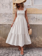 Retro Smocked Plaid Maxi Dress with Pockets