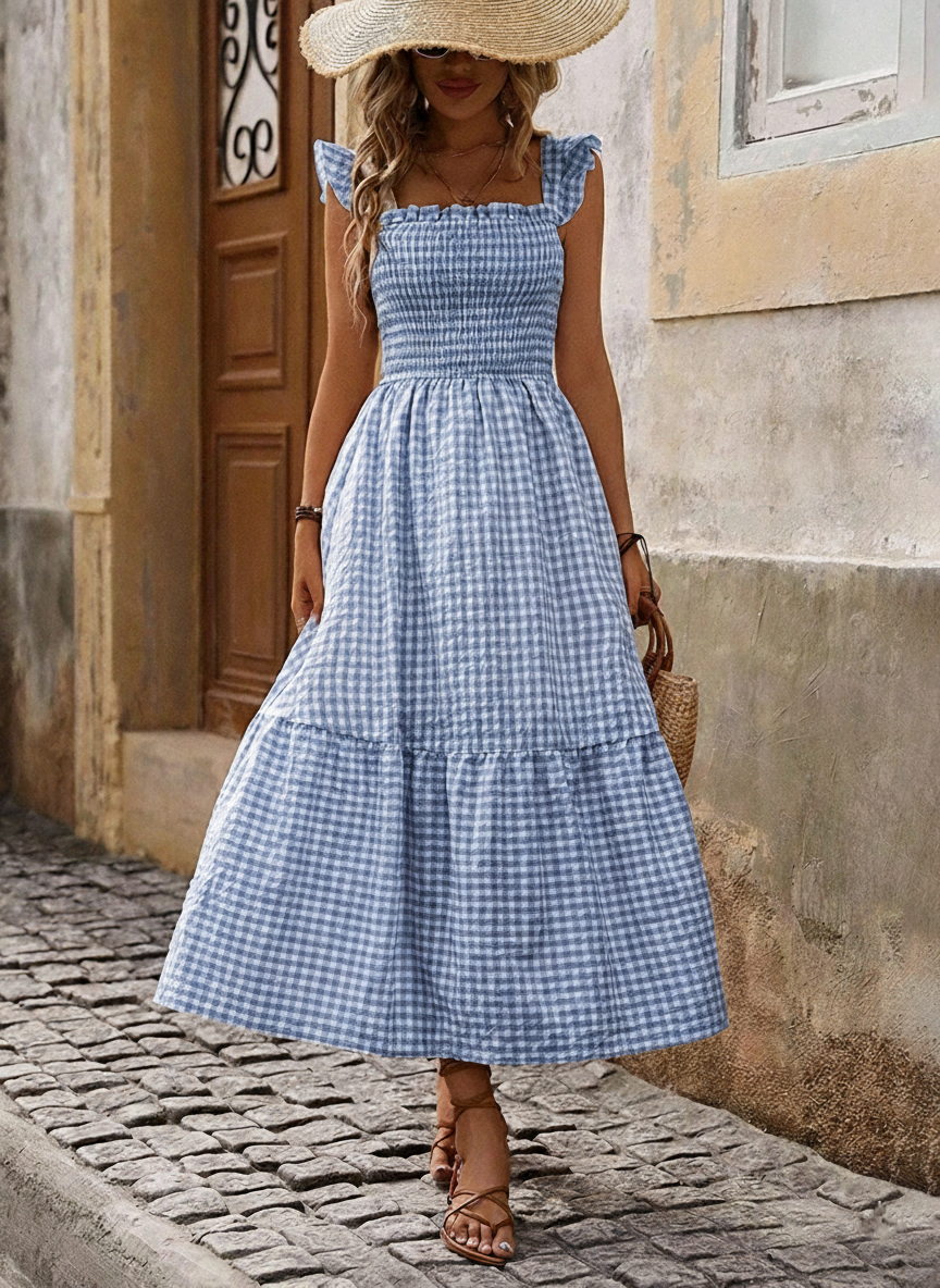 Retro Smocked Plaid Maxi Dress with Pockets