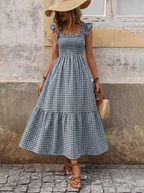 Retro Smocked Plaid Maxi Dress with Pockets