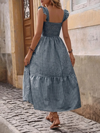 Retro Smocked Plaid Maxi Dress with Pockets
