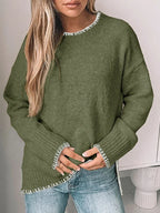 Womens Crewneck Pullover Sweater Long Sleeve Knit Slit