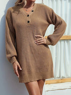 Womens V Neck Mini Sweater Dress Long Lantern Sleeve Pullover Sweaters