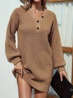 Womens V Neck Mini Sweater Dress Long Lantern Sleeve Pullover Sweaters