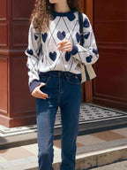 Women's Cute Heart Jacquard Round Neck Cropped Sweater