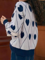 Women's Cute Heart Jacquard Round Neck Cropped Sweater