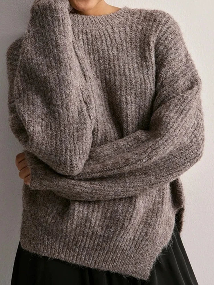 Women's Crew Neck Knitted Hem Loose-Fit Long-Sleeve Sweater