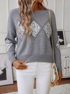 Womens Crew Neck Hollow Out Knit Sweaters  Sequin Pullover Tops
