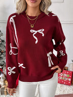 Women's Red Christmas Sweet Round Neck Bow Sweater