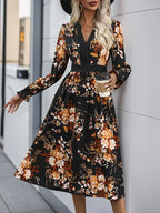 Womens Fall Trendy A-Line V Neck Floral Midi Dress