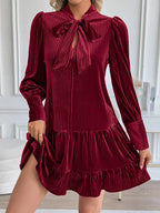 Women's Velvet Bow Tie Neck Long Sleeve Ruffle A-Line Mini Dress