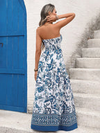 Floral Print Strapless Blue & White Resort Maxi Dress