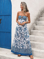 Floral Print Strapless Blue & White Resort Maxi Dress