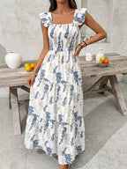 Women’s Boho Maxi Dress – Square Neck Sleeveless Smocked Sundress