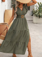 Womens Midi Dress Sleeve Ruffle Trim  Belted Dress V Neck High Waist