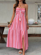 Geometric Halter Neck Backless Maxi Dress with Tiered Skirt