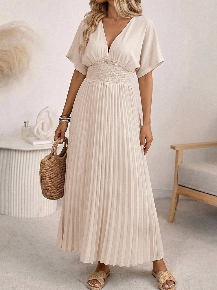 Women's V Neck Pleated Maxi Dress