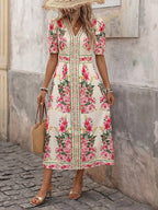 Boho Floral Print V Neck Midi Dress
