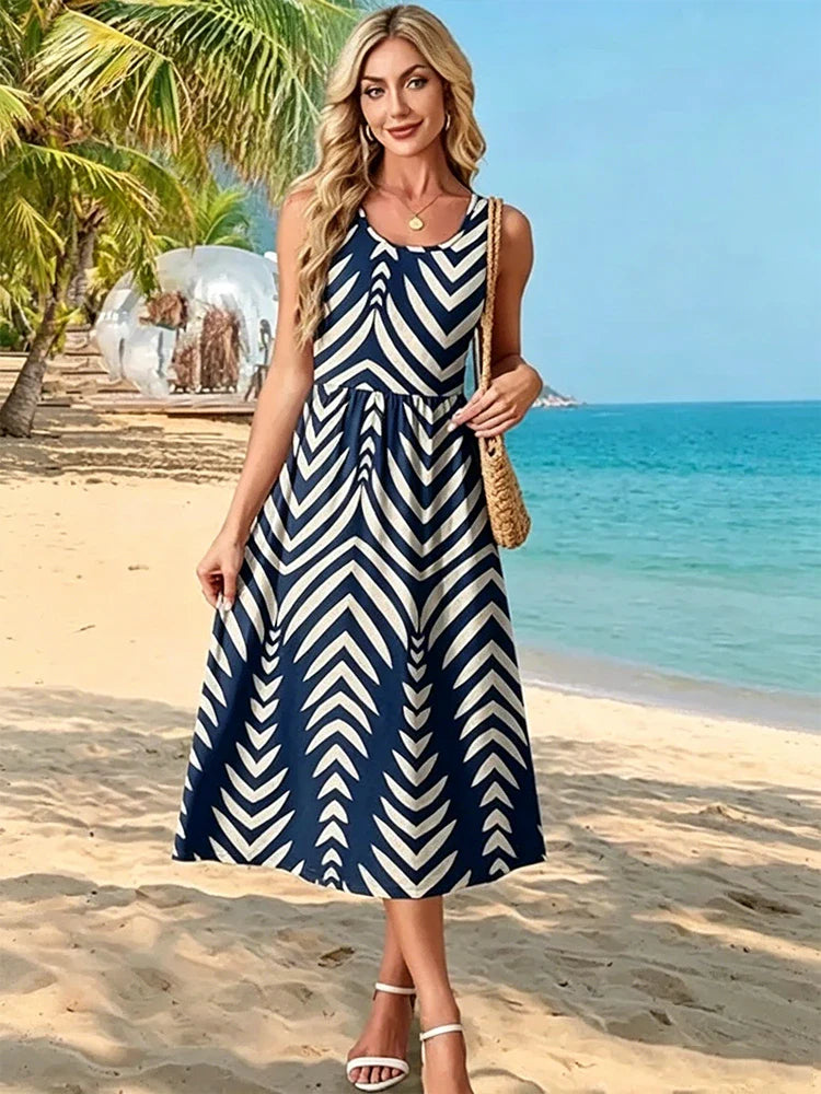 Flowy Casual Midi Dress Beach Vacation Sundresses