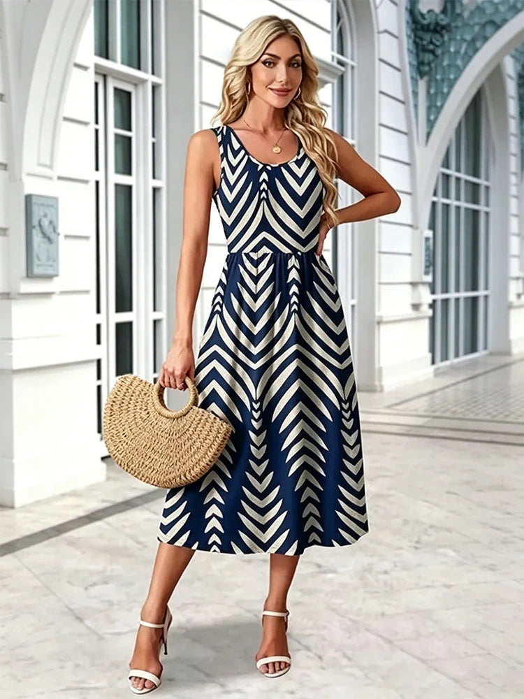 Flowy Casual Midi Dress Beach Vacation Sundresses