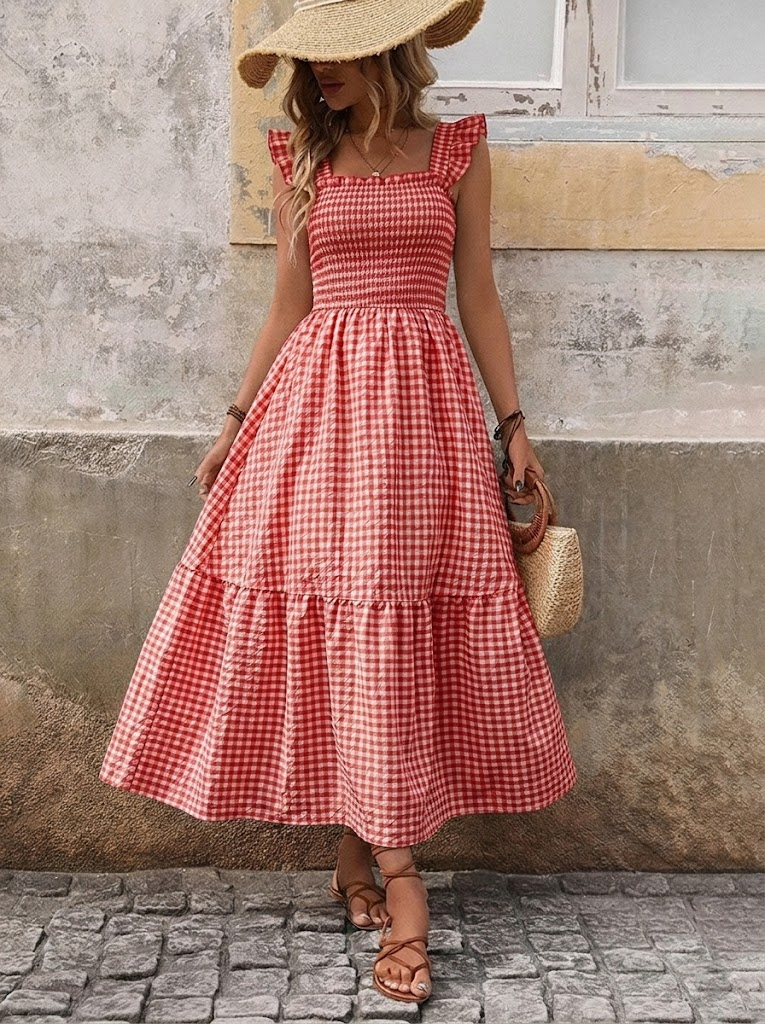 Retro Smocked Plaid Maxi Dress with Pockets