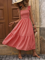 Retro Smocked Plaid Maxi Dress with Pockets
