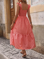 Retro Smocked Plaid Maxi Dress with Pockets