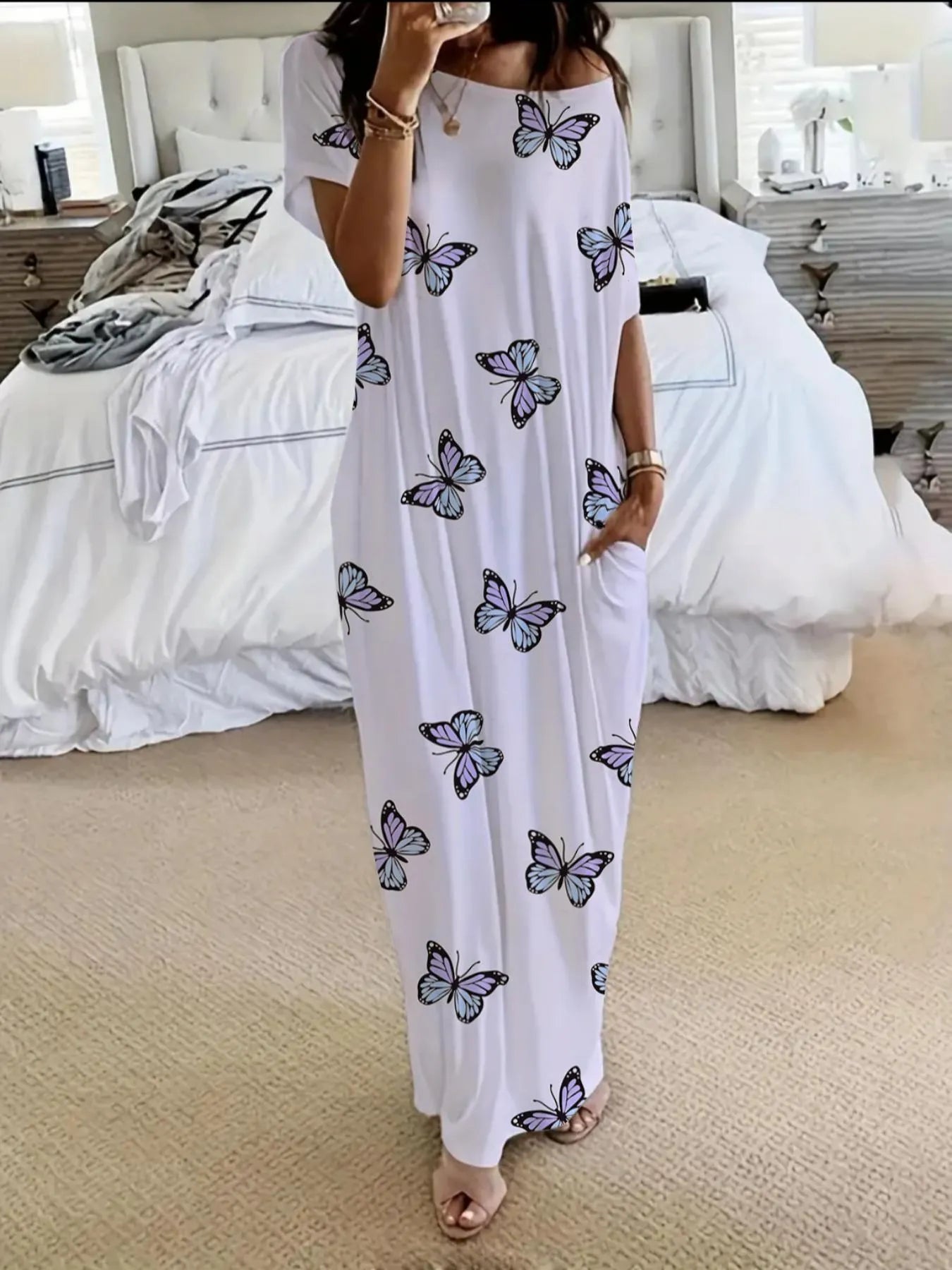 Women's Butterfly Heart Tie-Dye Nightgown with Pockets
